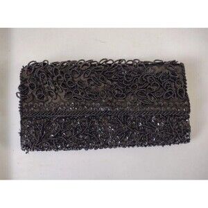 Small Black Beaded Clutch Handbag Snap Close Vintage Mid Century 60s Glamour